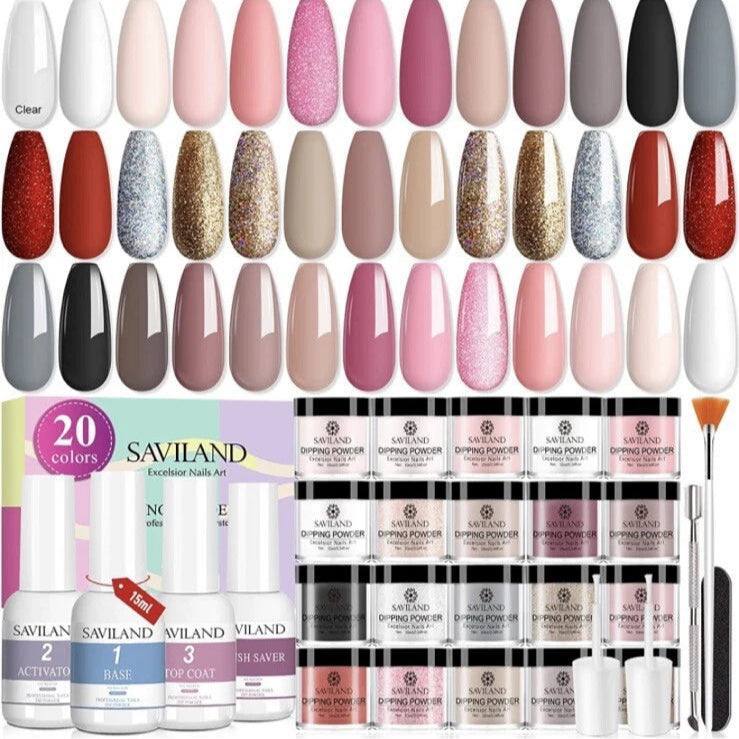 Saviland 20-Color Dipping Powder Nail Kit with Vibrant Shades
