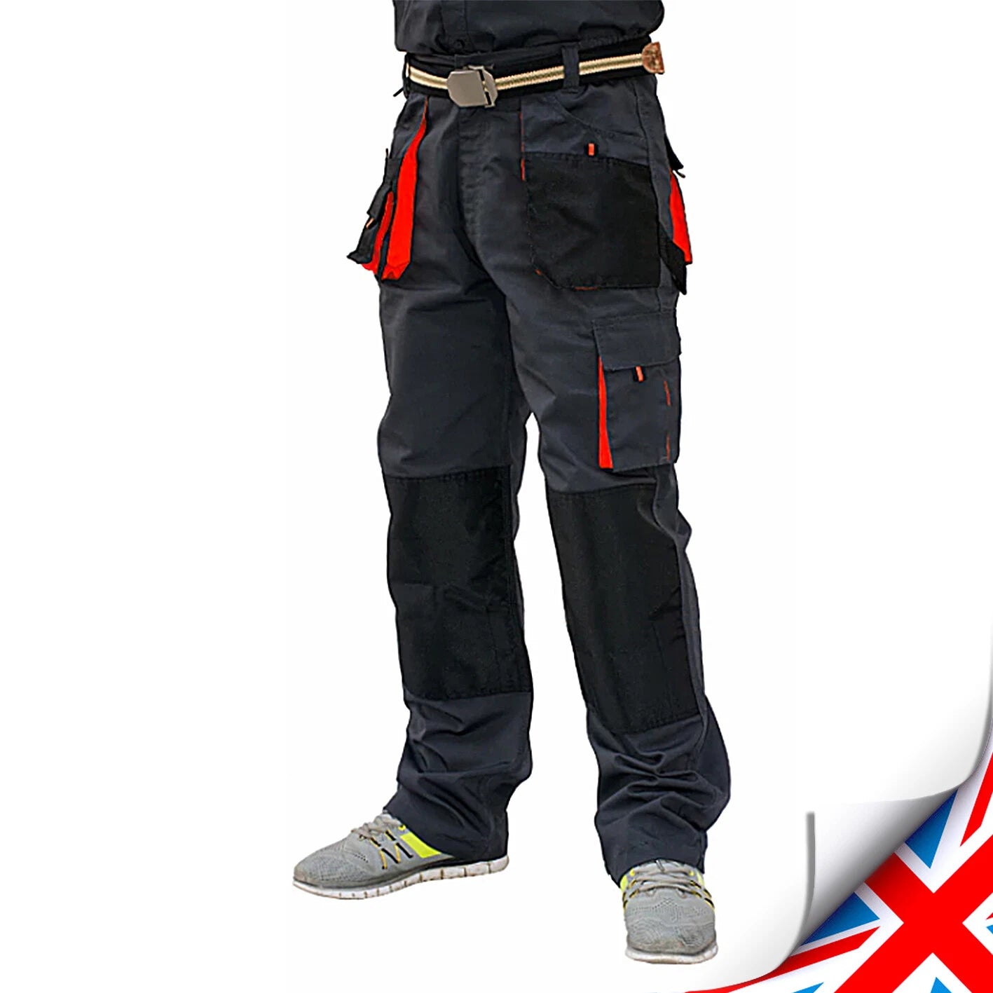 Red Grey Classic Heavy‑Duty Cargo Work Trousers with Knee Pads