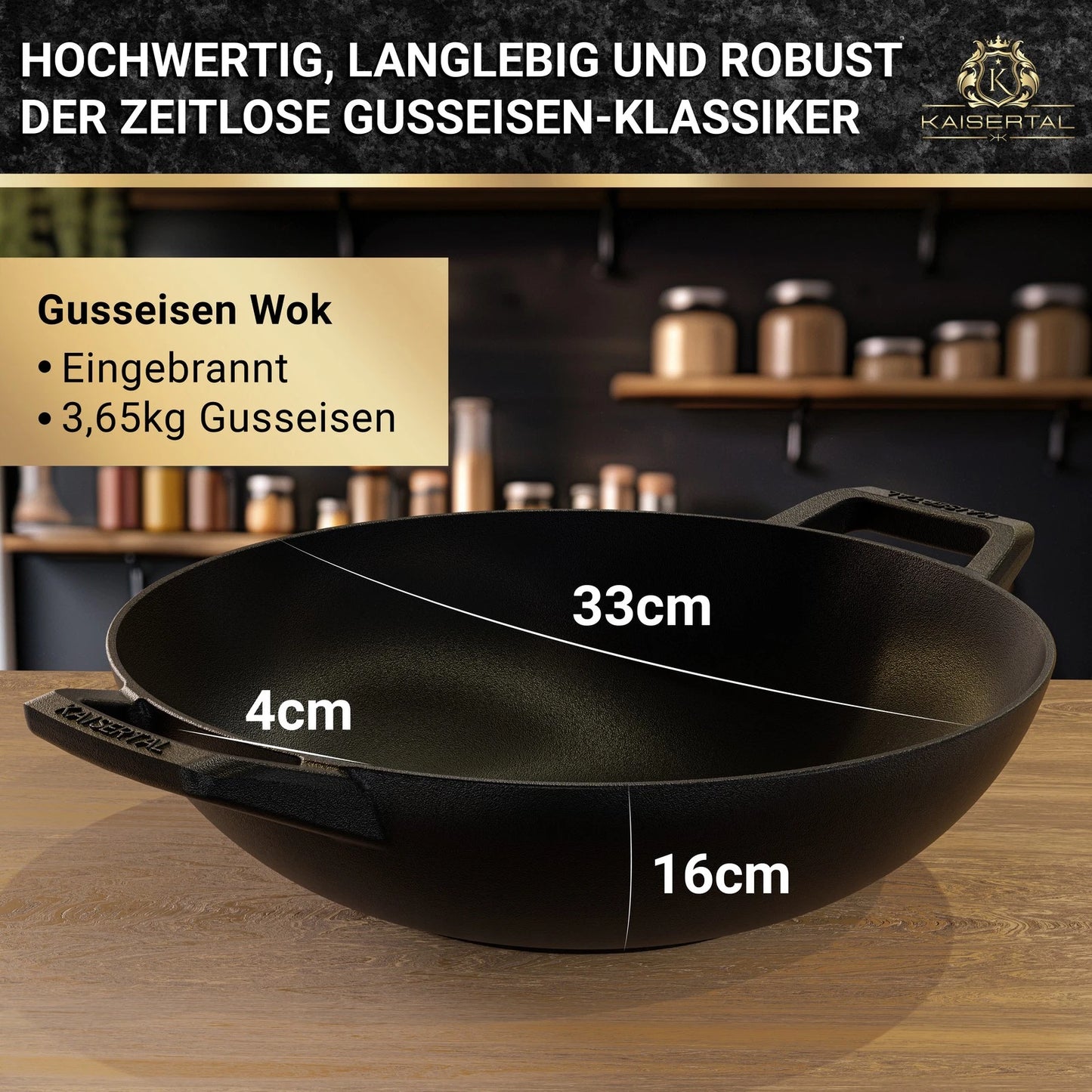Kaisertal 32cm Cast Iron Induction Wok with Flat Bottom