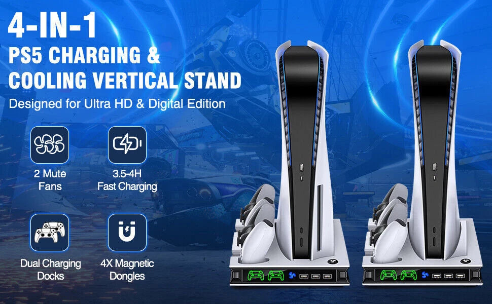 Vertical Cooling Stand and Dual Controller Charging Station for PS5