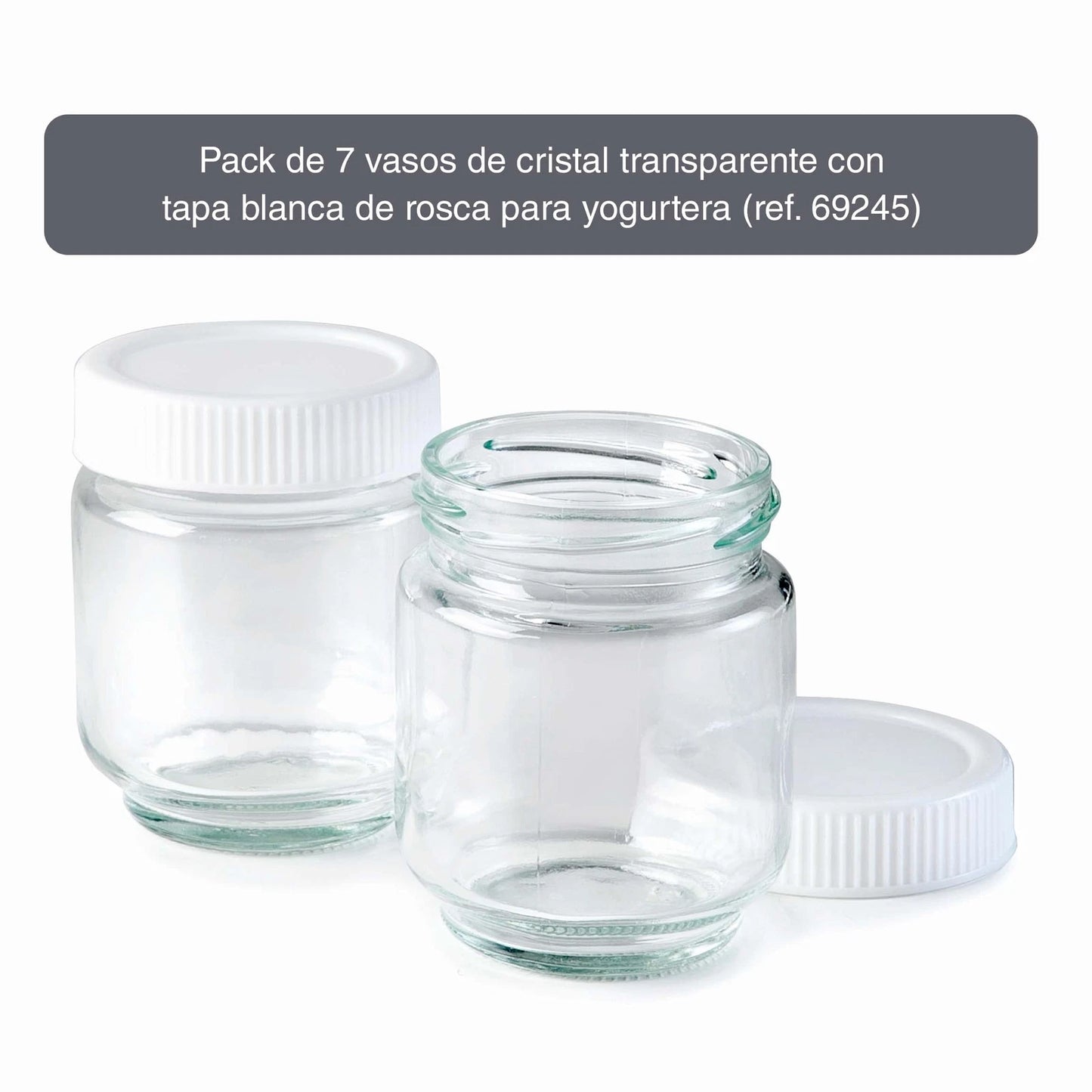 LACOR 7-Piece Transparent Glass Yogurt Jar Set with White Lids
