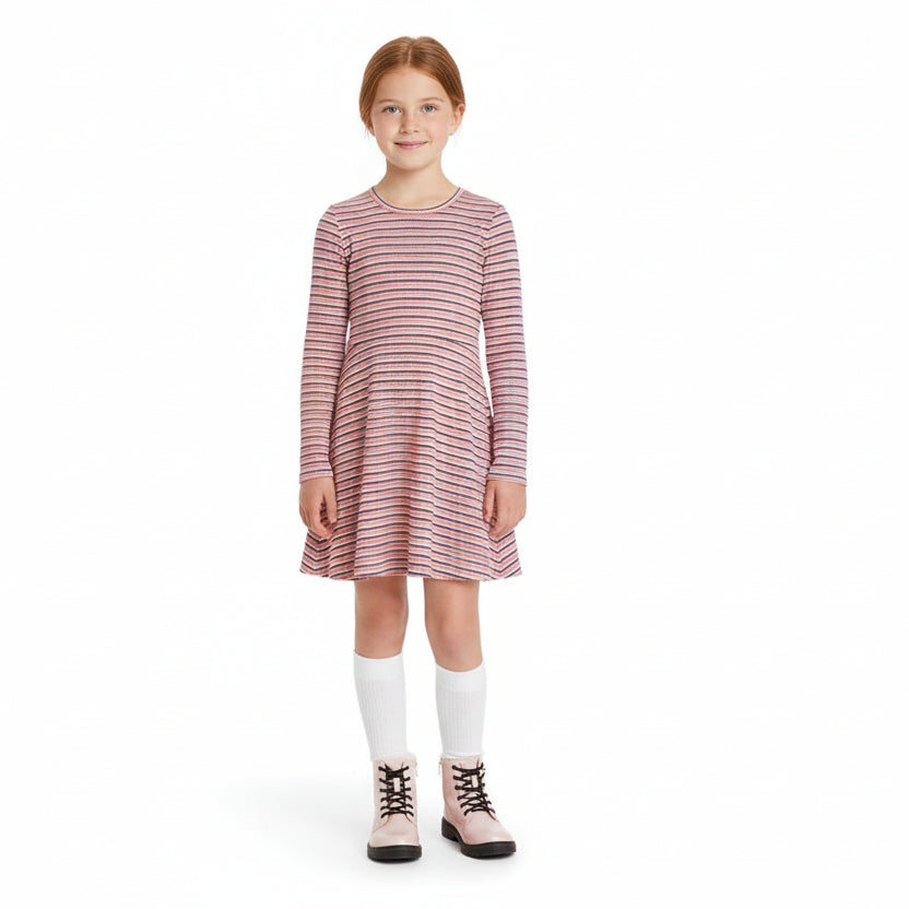 Art Class Girls Orange Neapolitan Stripe Long Sleeve Skater Dress Large