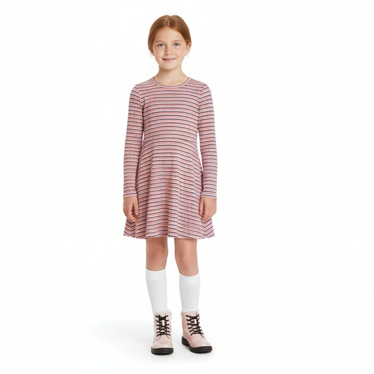 Art Class Girls Orange Neapolitan Stripe Long Sleeve Skater Dress Large