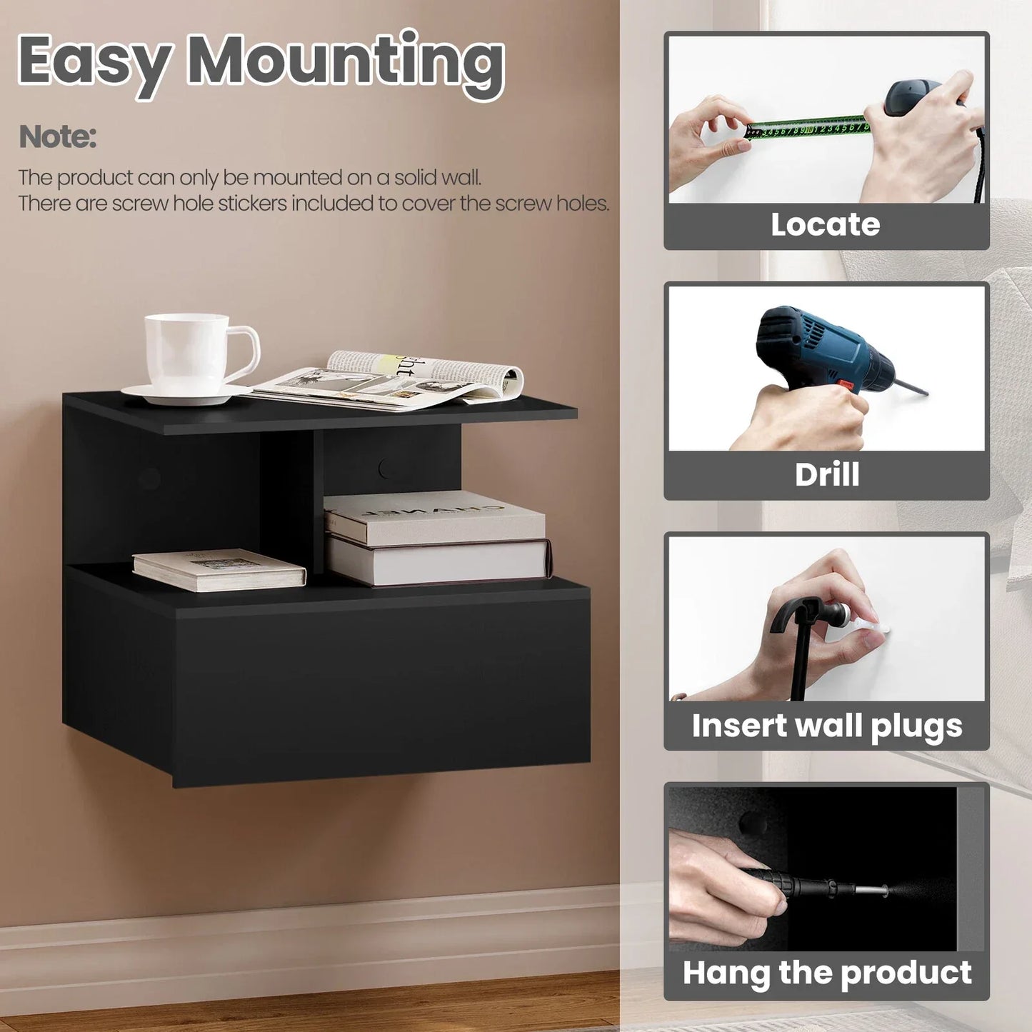 WOLTU Floating Wall-Mounted Nightstand with Drawer and Shelf – Black - Gomix Brands Outlet