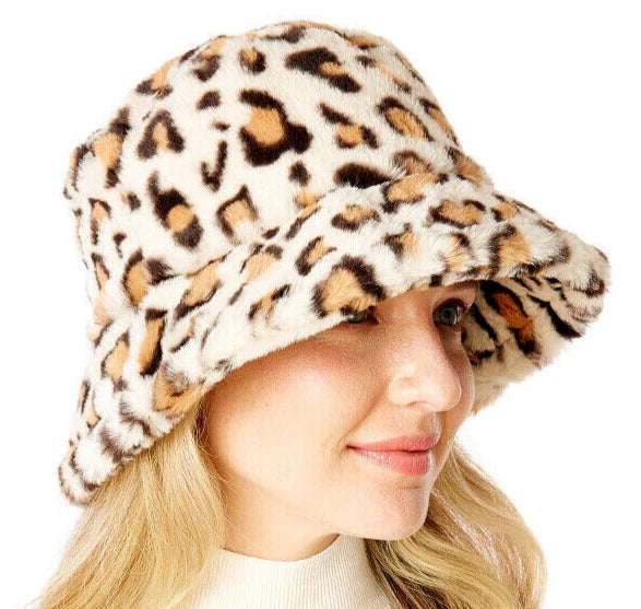Leopard Print Plush Fuzzy Bucket Hat Soft Faux Fur