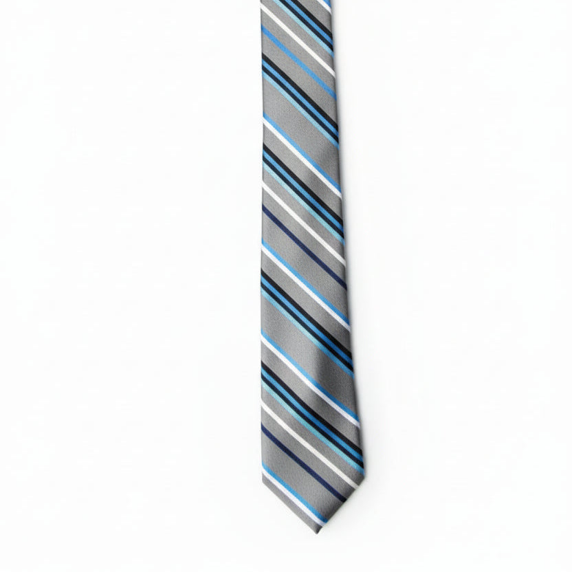 J. Ferrar Designer Blue Gray Striped 100% Silk Tie
