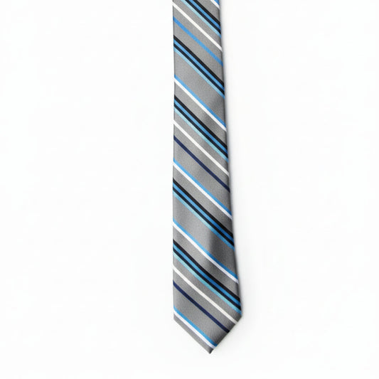 J. Ferrar Designer Blue Gray Striped 100% Silk Tie