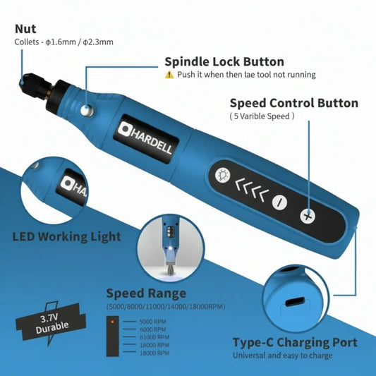 HARDELL Cordless 5-Speed Rotary Tool Kit with USB Charger ,BLUE - Gomix Brands Outlet