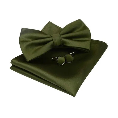 Olive Green Men's Solid Pre-tied Bow Tie with Pocket Square - Gomix Brands Outlet