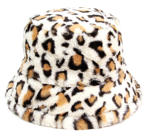 Leopard Print Plush Fuzzy Bucket Hat Soft Faux Fur