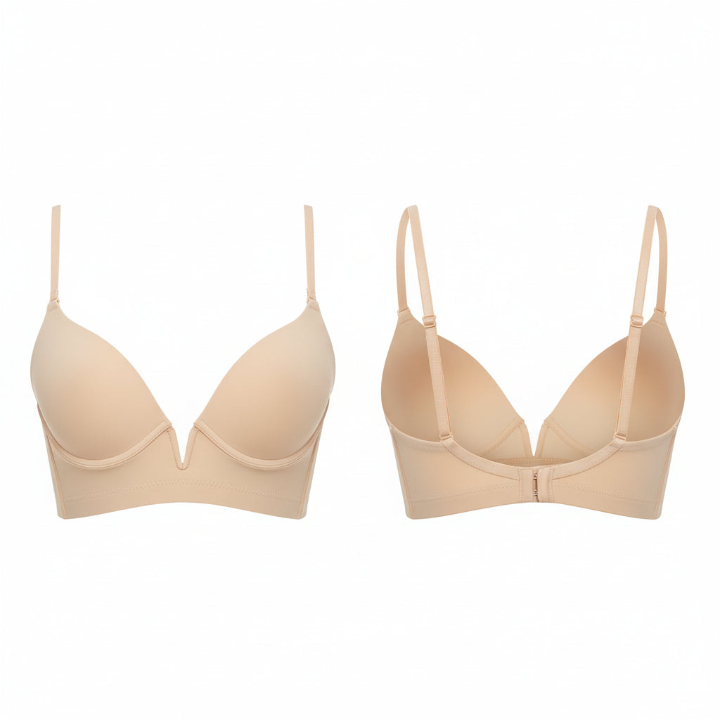Seamless Low Back Deep‑V Plunge Bra – Nude, Lightly Lined, - Gomix Brands Outlet