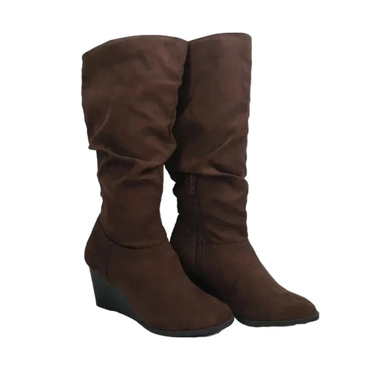 a.n.a Brown Suede Women's Slip‑On Boots with High Wedge Heel