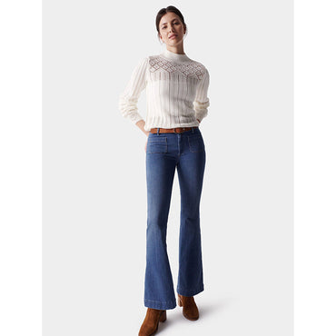 Salsa Women's White Openwork Knit Sweater – Elegant Long Sleeve Pullover Top