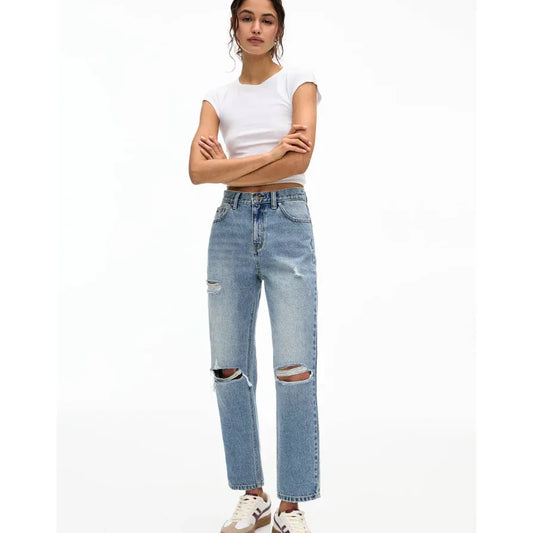 Pull&Bear Women's High Waist Ripped Mom Jeans - Medium Blue Denim Comfort - Gomix Brands Outlet