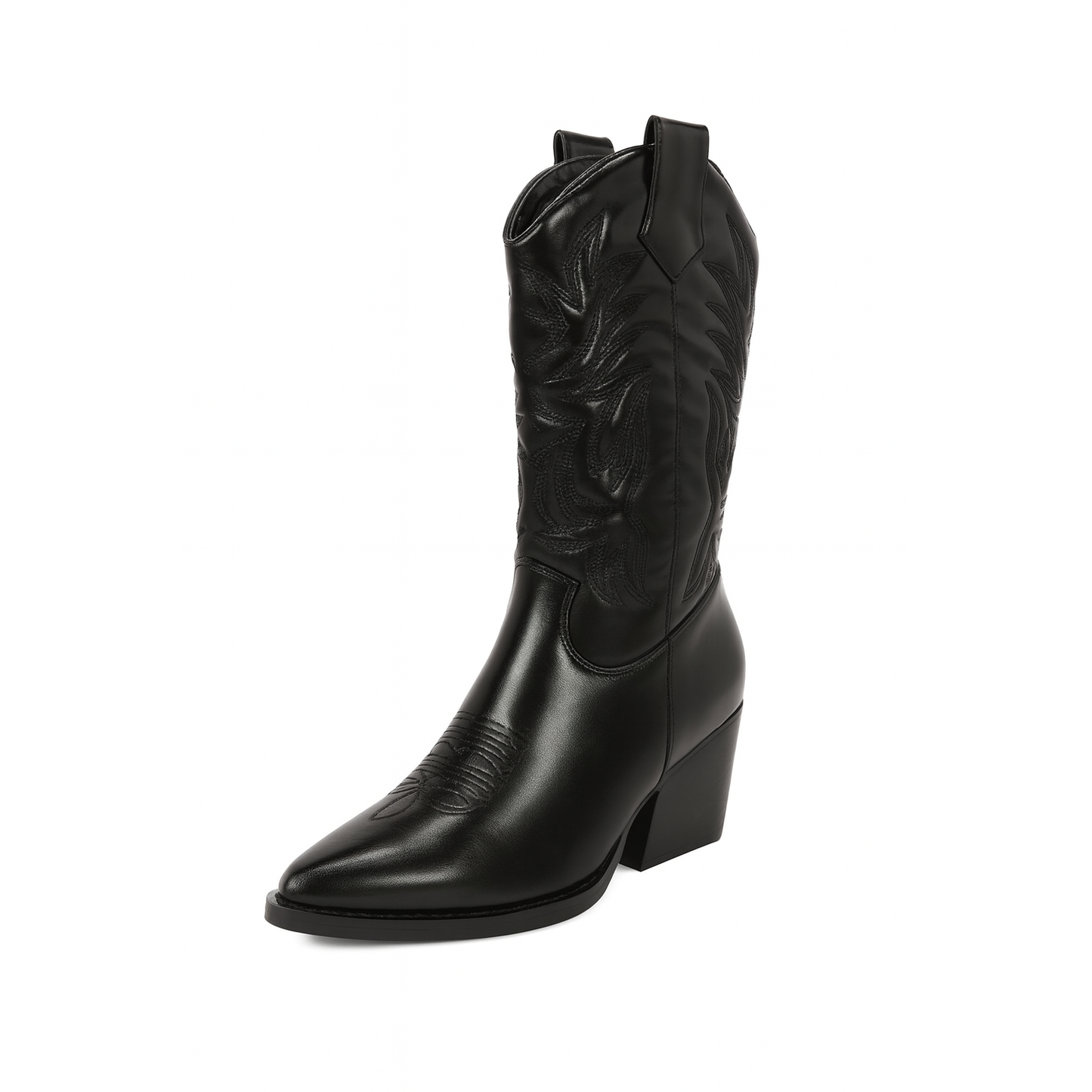 Sleek All-Black Western Cowboy Boots with 7.6 CM Stacked Heel