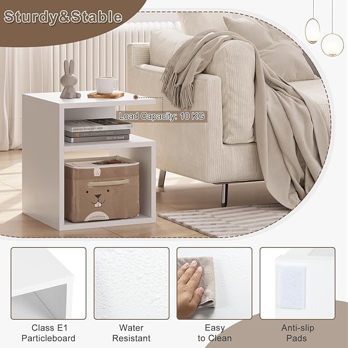 EUGAD White Wooden Bedside Table with Open Compartments