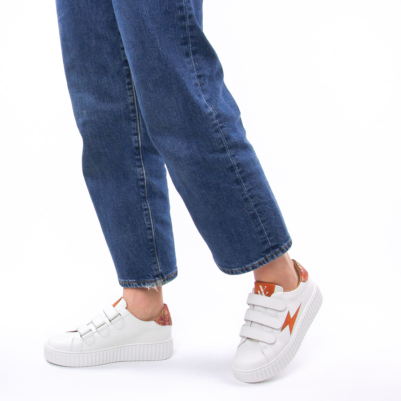 Vanessa Wu Susan Ocre White Orange Triple-Strap Platform Fashion Sneakers