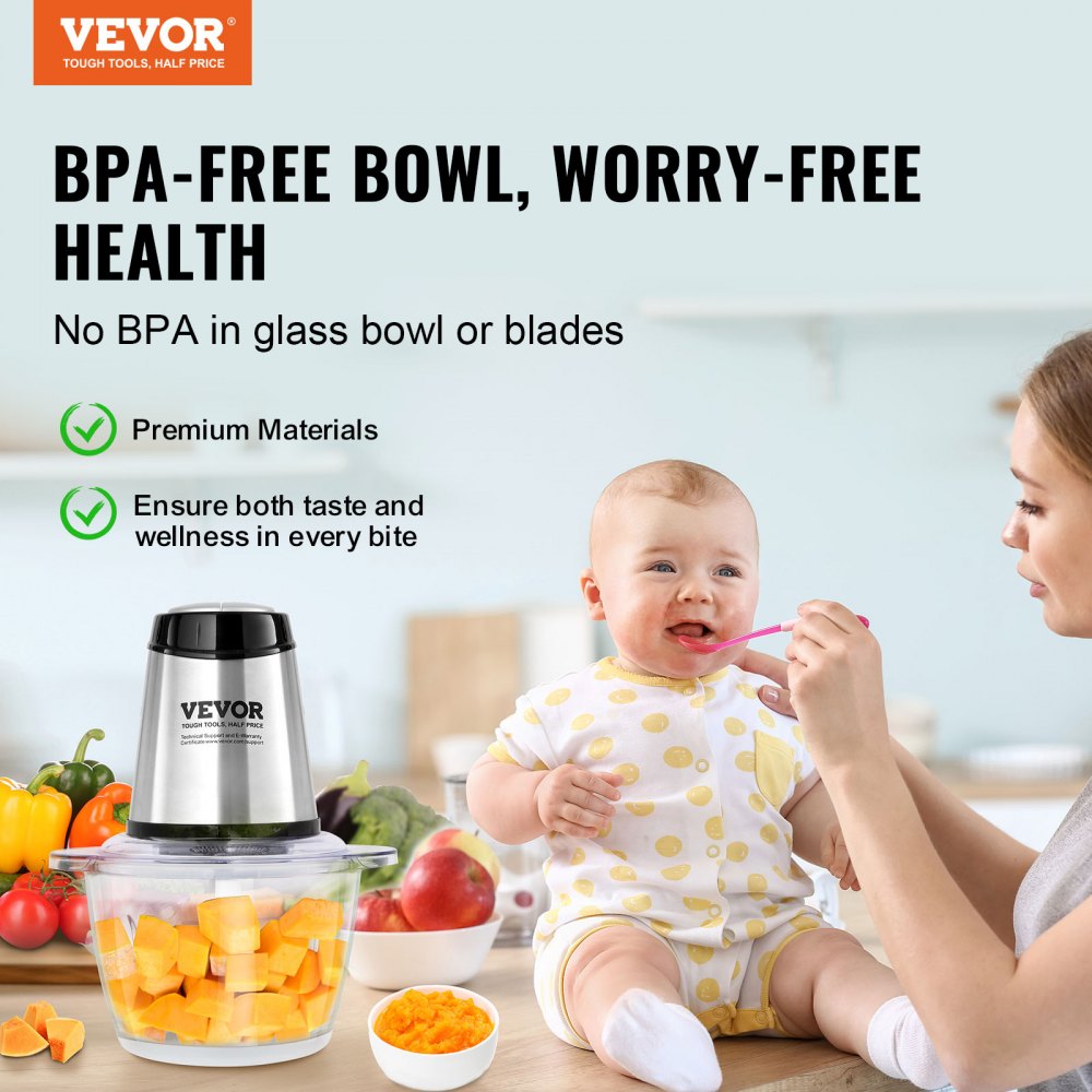 VEVOR 5-Cup Electric Food Processor: Glass Bowl, Powerful Chopping, Meat Grinder