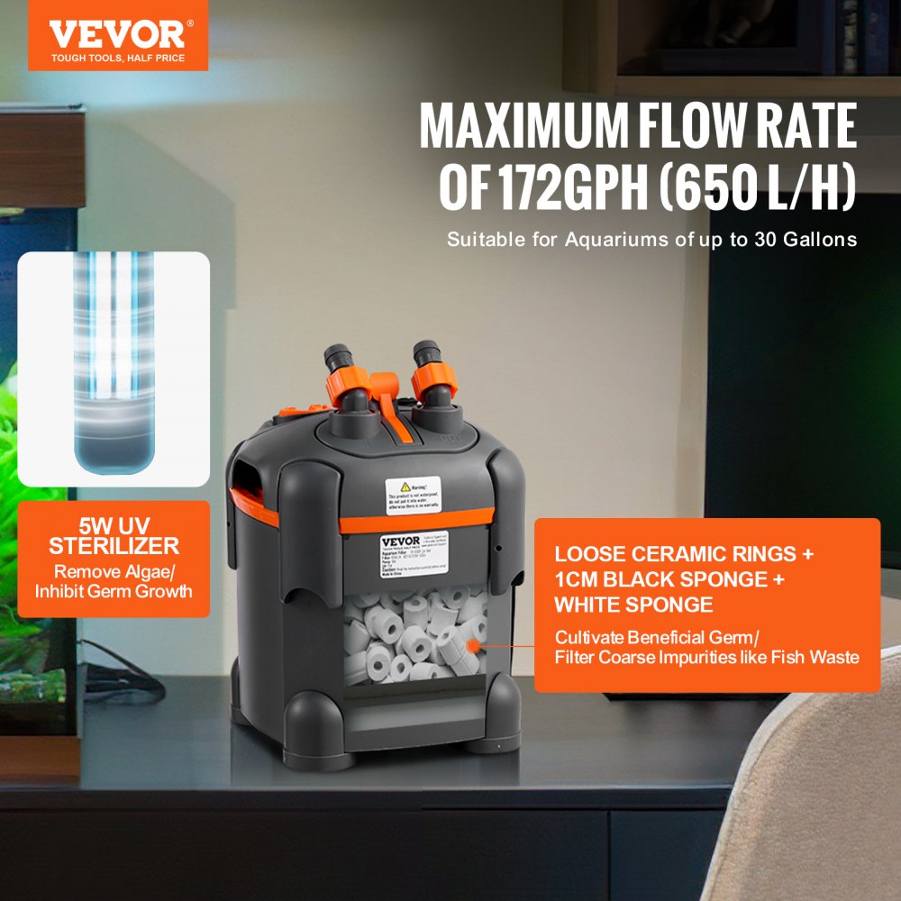 VEVOR Ultra-Quiet Canister Aquarium Filter 172 GPH, 30 Gallon, UV Protection