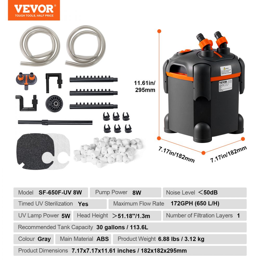 VEVOR Ultra-Quiet Canister Aquarium Filter 172 GPH, 30 Gallon, UV Protection