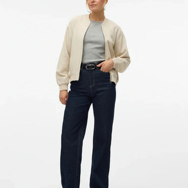 Chic High-Neck Bomber Jacket with Elastic Cuffs - Viscose Linen Blend - Gomix Brands Outlet