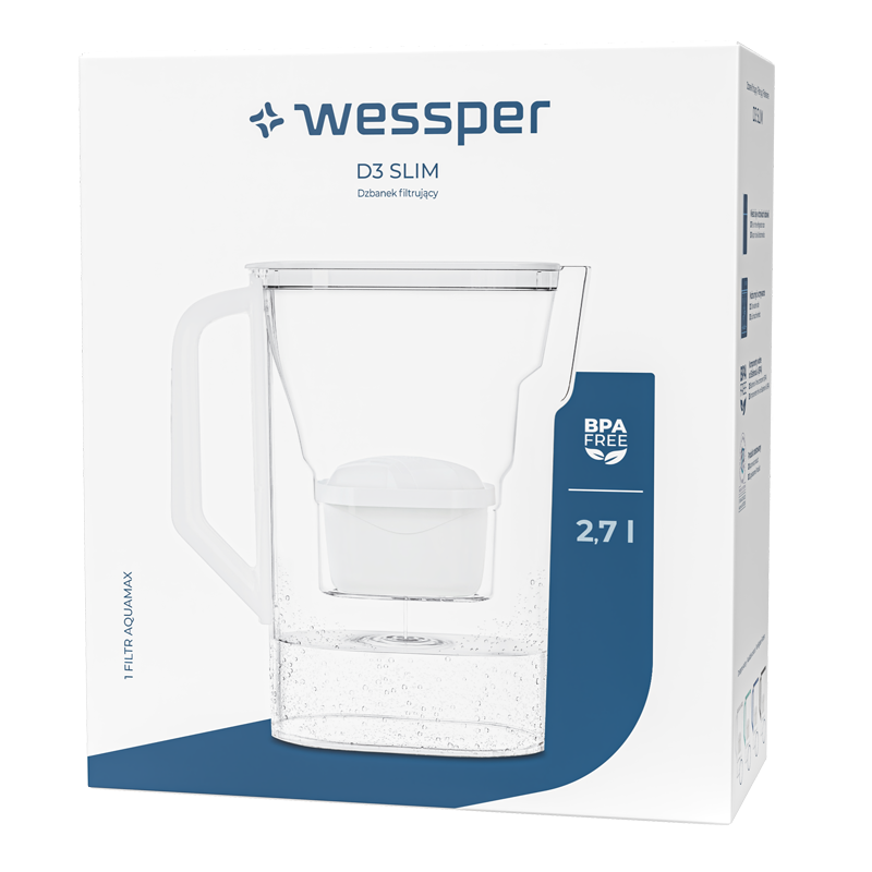 Wessper D3 Slim Aquamax Water Filter Pitcher - BPA-Free, White, Refrigerator Friendly