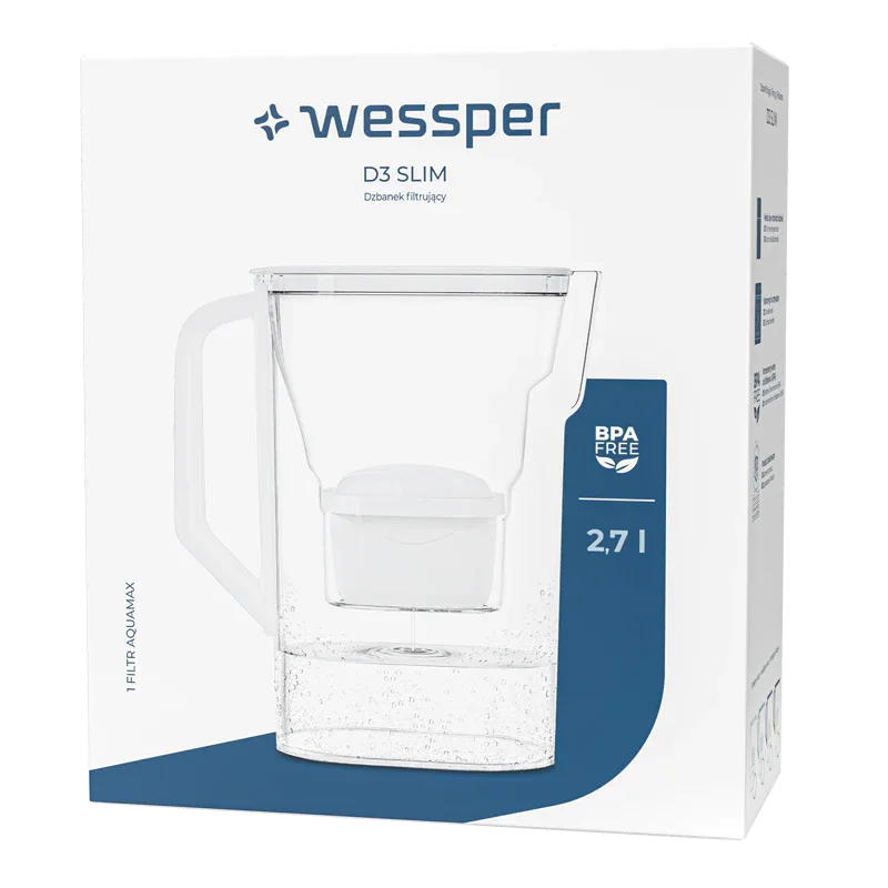 Wessper D3 Slim Aquamax Water Filter Pitcher - BPA-Free, White, Refrigerator Friendly with 6 filters - Gomix Brands Outlet