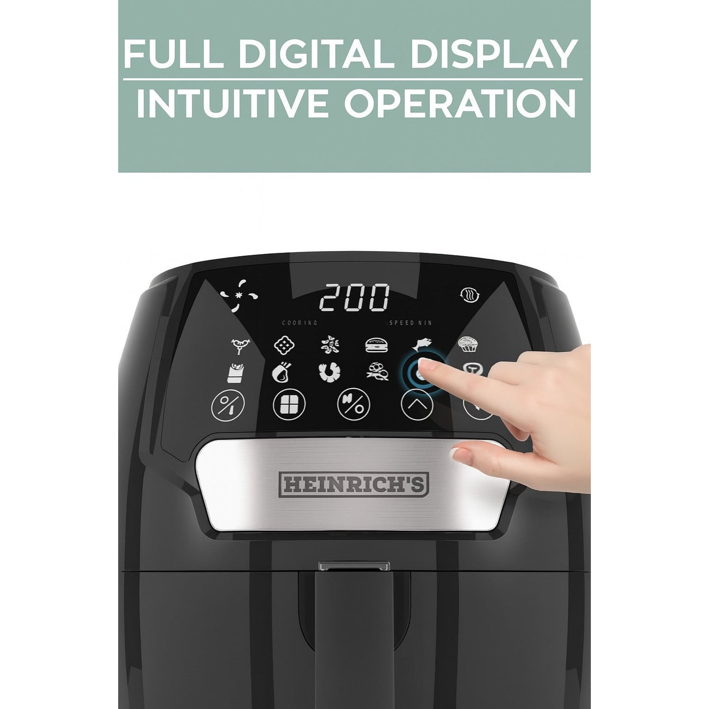 Black air fryer with digital display and 'HEINRICH'S' branding, showing a hand interacting with the control panel.