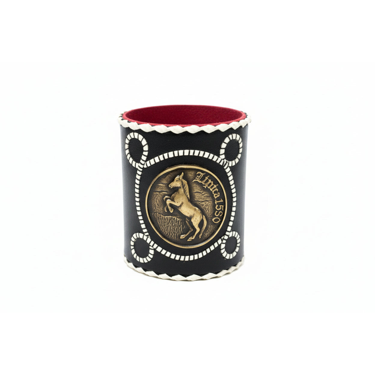Vintage Leather Cup Holder with Brass Horse Emblem – Elegant Drinkware Accessory Set of 6