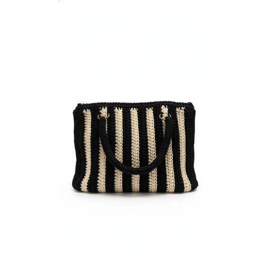Handmade Crochet Tote Bag – Black & Beige Vertical Stripes - Gomix Brands Outlet