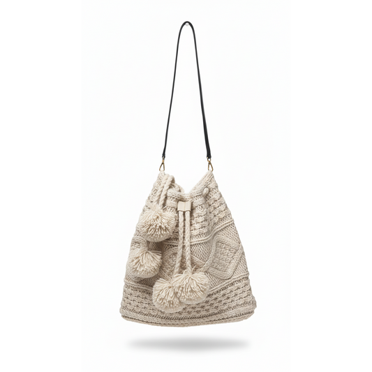 Handmade Crochet Bag with Pom-Poms – Natural Beige