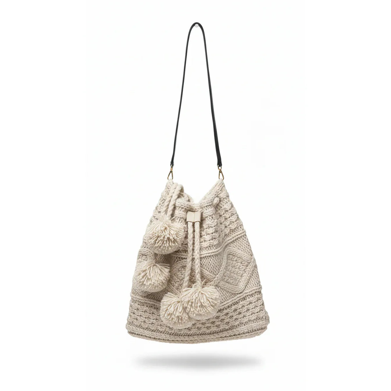 Handmade Crochet Bag with Pom-Poms – Natural Beige - Gomix Brands Outlet