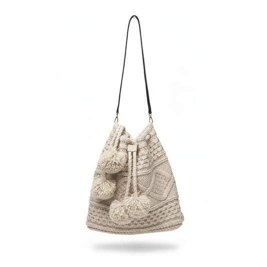 Handmade Crochet Bag with Pom-Poms – Natural Beige - Gomix Brands Outlet