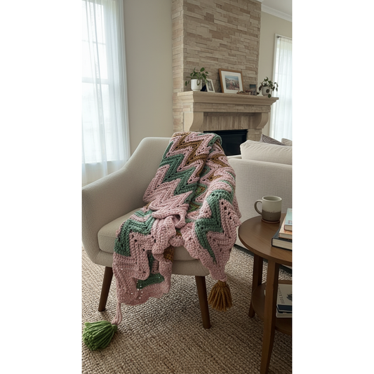 Handmade Chevron Crochet Zigzag Scarf with Tassels