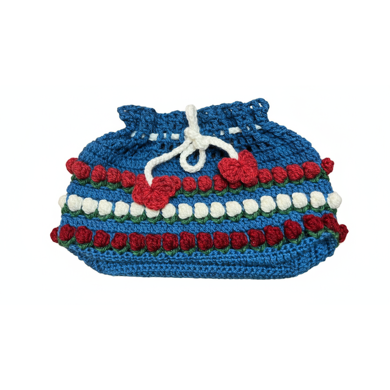 Handmade Crochet Tissue Box Cover – Blue Floral Stripe Design