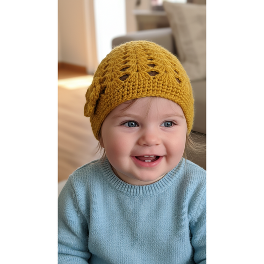 Handmade Crochet Beanie Hat with Flower Detail – Mustard Yellow