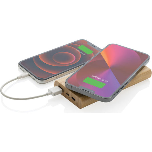 Eco-Friendly Bamboo Wireless Power Bank: 8000mAh Portable Charger, 5W Wireless