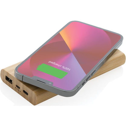 Eco-Friendly Bamboo Wireless Power Bank: 8000mAh Portable Charger, 5W Wireless