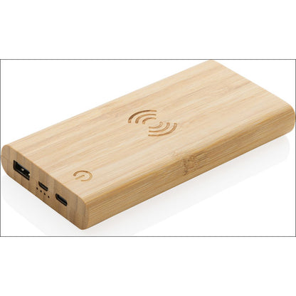 Eco-Friendly Bamboo Wireless Power Bank: 8000mAh Portable Charger, 5W Wireless
