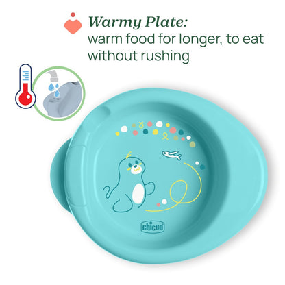 Chicco 6m+ Baby Weaning Meal Set: Warm Plate, Sippy Cup, Ergonomic Spoon - Blue