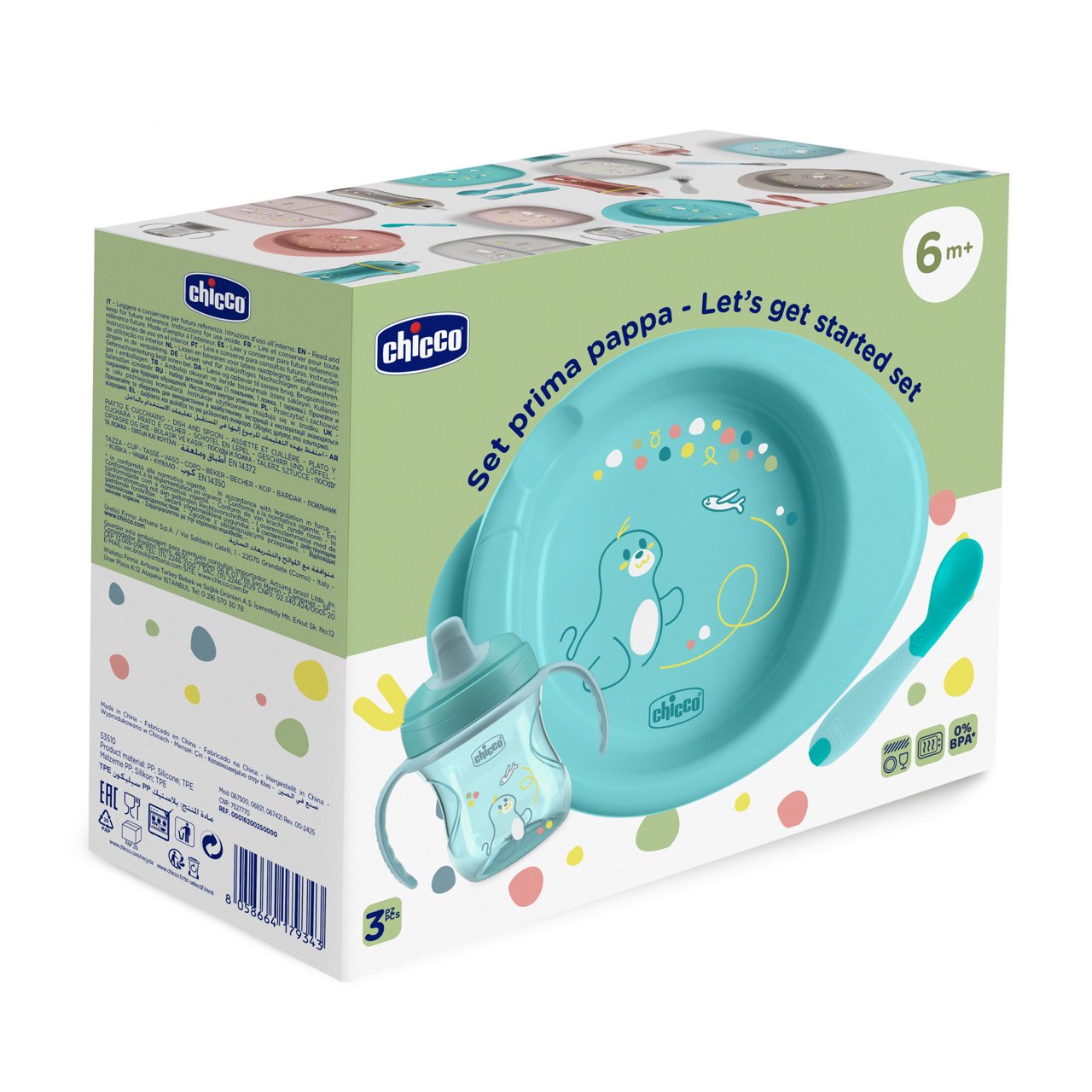 Chicco 6m+ Baby Weaning Meal Set: Warm Plate, Sippy Cup, Ergonomic Spoon - Blue