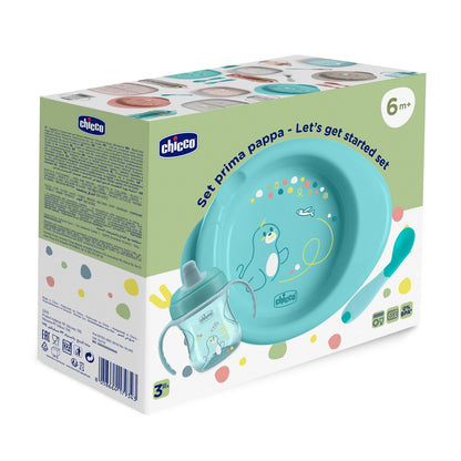 Chicco 6m+ Baby Weaning Meal Set: Warm Plate, Sippy Cup, Ergonomic Spoon - Blue