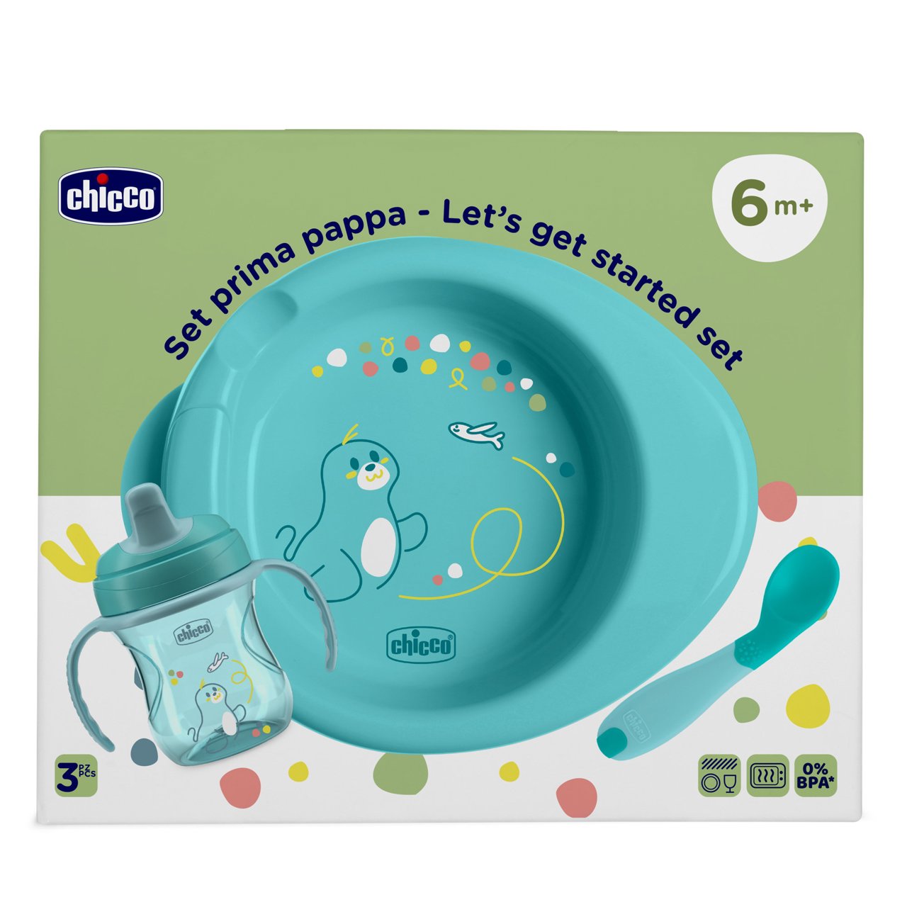 Chicco 6m+ Baby Weaning Meal Set: Warm Plate, Sippy Cup, Ergonomic Spoon - Blue