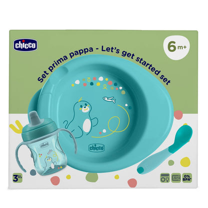 Chicco 6m+ Baby Weaning Meal Set: Warm Plate, Sippy Cup, Ergonomic Spoon - Blue