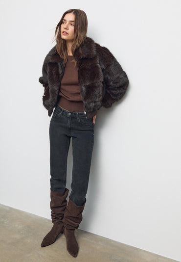 Women's High-Waist Mom Slim Fit Jeans - Washed Black Stretch Denim