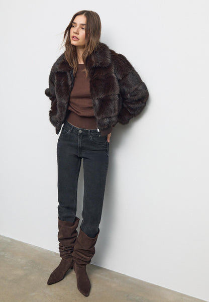 Women's High-Waist Mom Slim Fit Jeans - Washed Black Stretch Denim