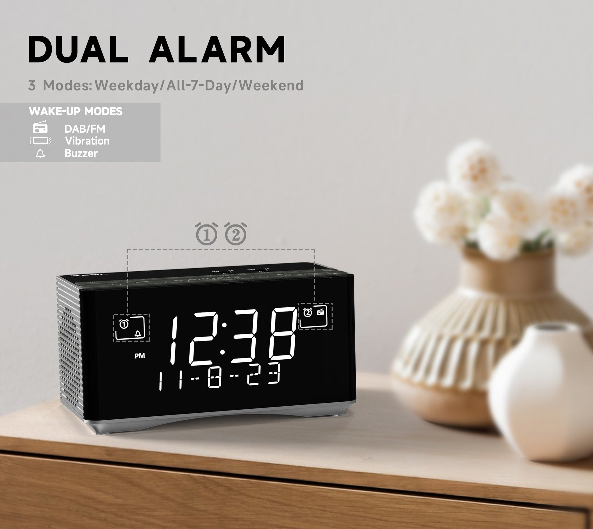 iTOMA 3501D Alarm Clock with DAB & FM Radio Bluetooth Speaker USB Charging Port Headphone Jack Dual Alarm Snooze Dimmable LCD Display