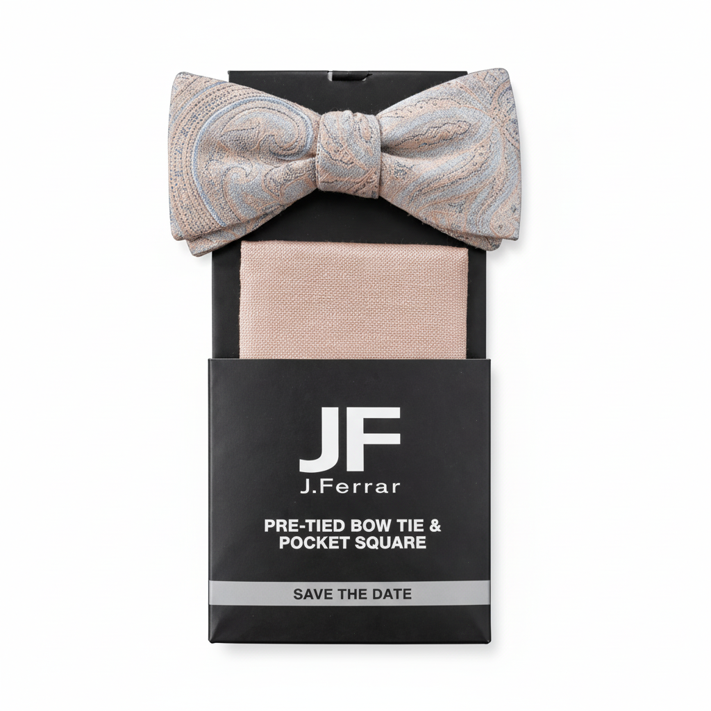 J.Ferrar Pre-Tied Bow Tie & Pocket Square Set – Peach Paisley
