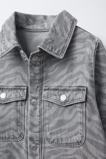 Stylish Kids' Zebra Print Denim Dress with Collar & Pockets for Girls