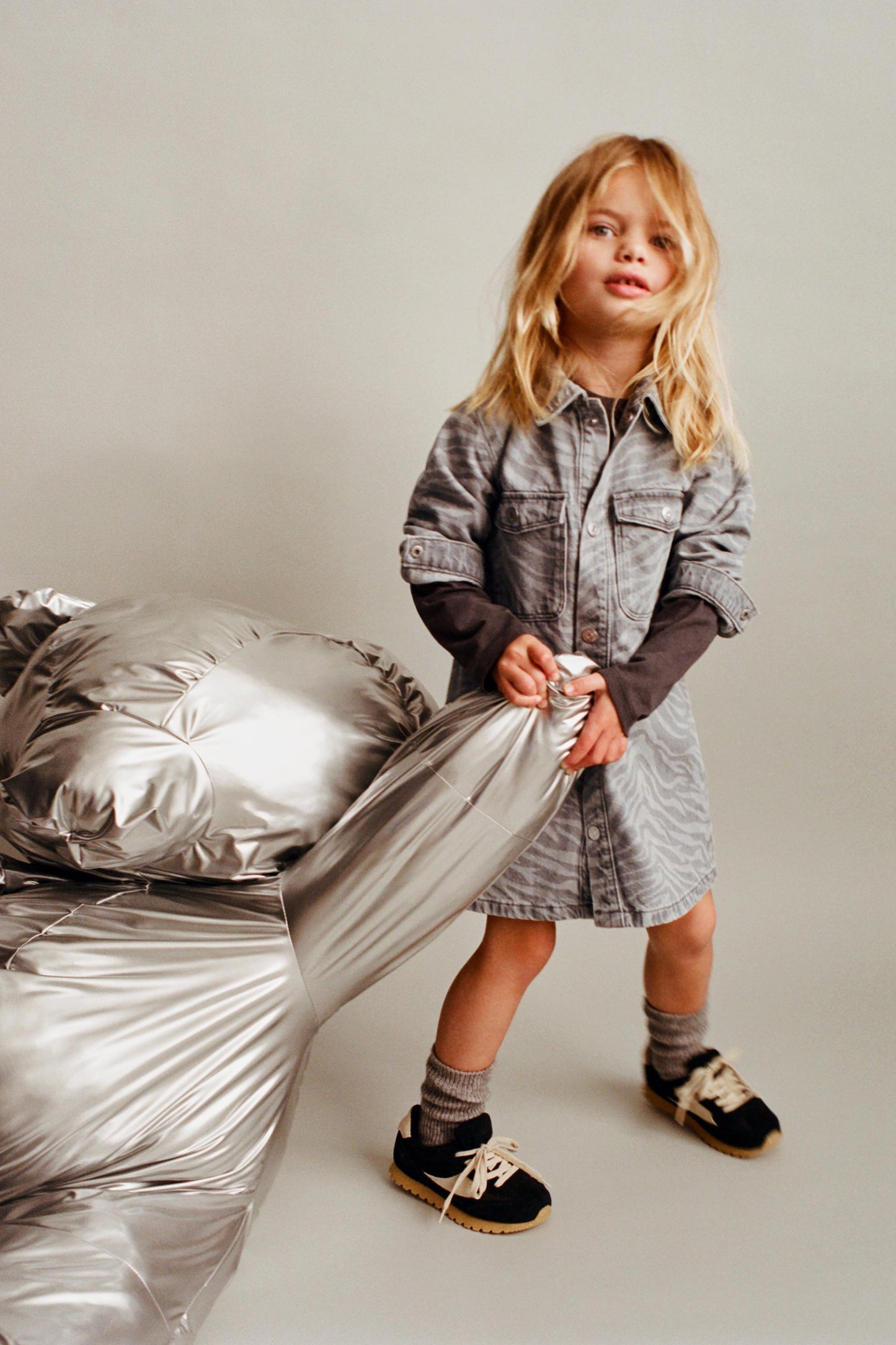 Stylish Kids' Zebra Print Denim Dress with Collar & Pockets for Girls